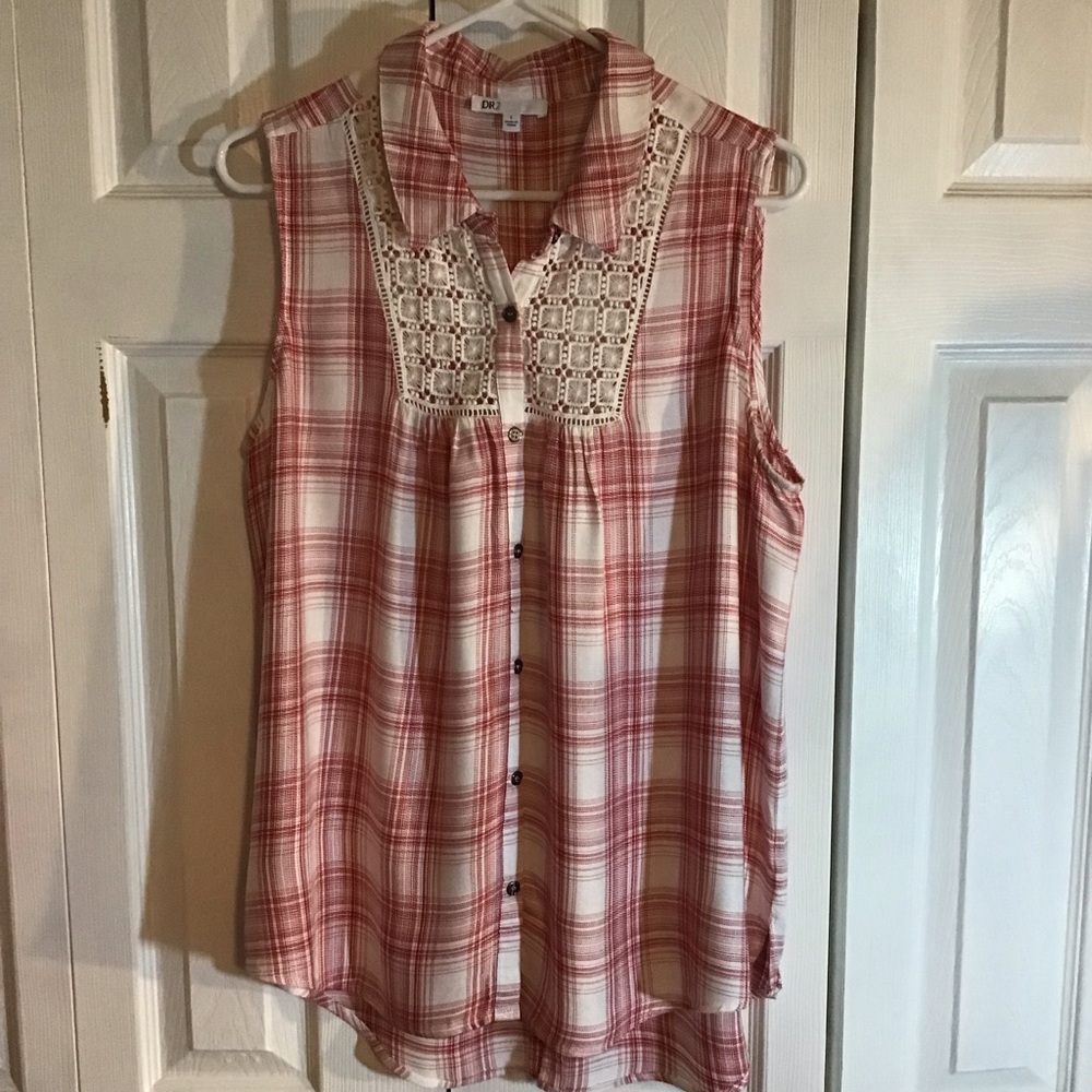 DR2 sleeveless top r&w plaid lace insert hi lo L